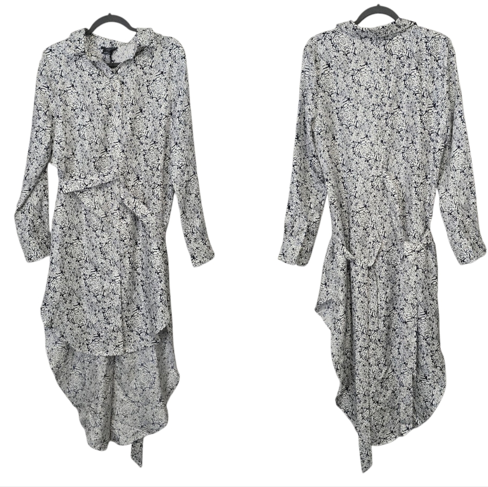 Floral Print Long Sleeve Asymmetric Hem Dress - Black & White